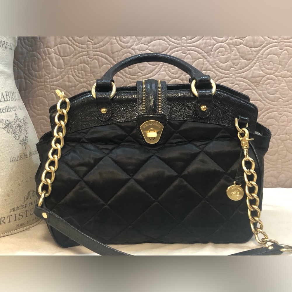 Vintage Brahmin ADORA Black Quilted Nylon Croc Emb. Lthr. Satchel